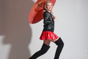 Fake leather variations with vinyl skirt and leather pants, Christina, Vanilla Pearl